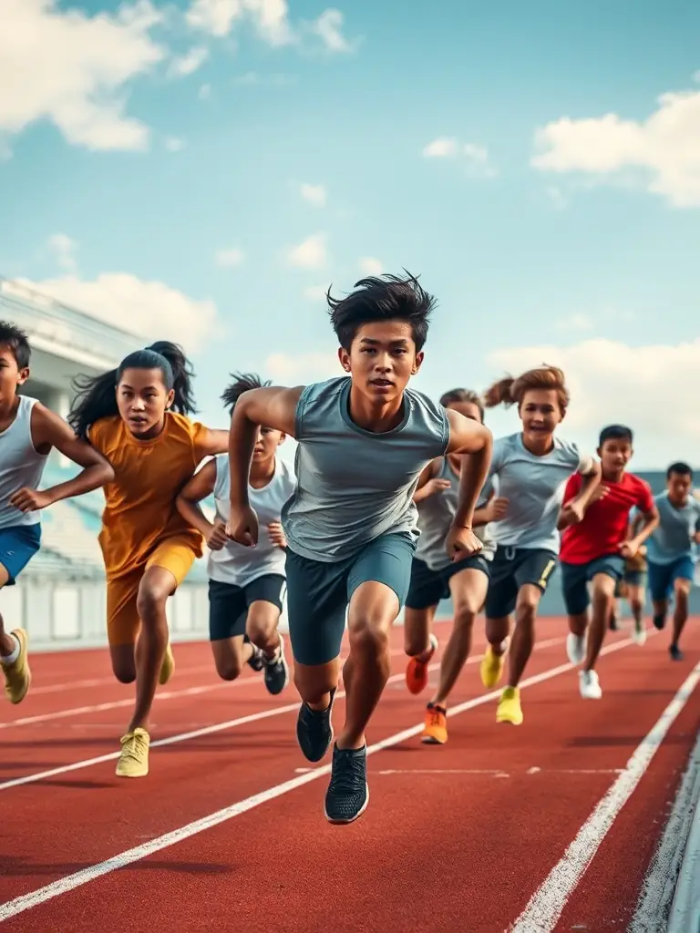 A focused image of students engaged in a track and field event, emphasizing speed and endurance at JEAN RENOIR COLLEGE SPORTS ASSOCIATION.