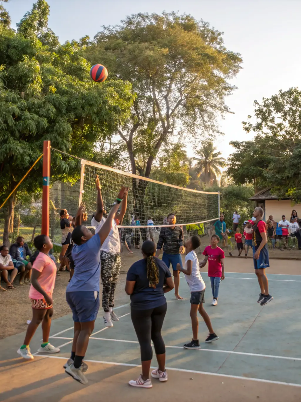 An energetic image of students playing volleyball, highlighting agility and coordination at JEAN RENOIR COLLEGE SPORTS ASSOCIATION.