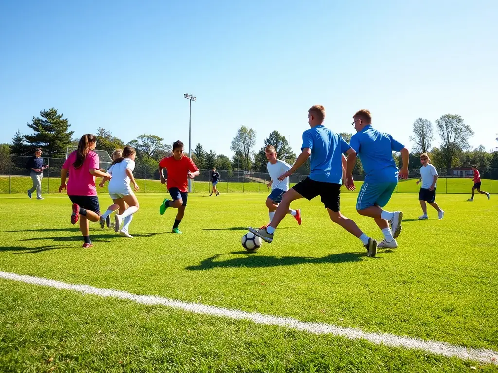 An inspiring image of young students participating in a soccer match on a sunny field, showcasing teamwork and enthusiasm.