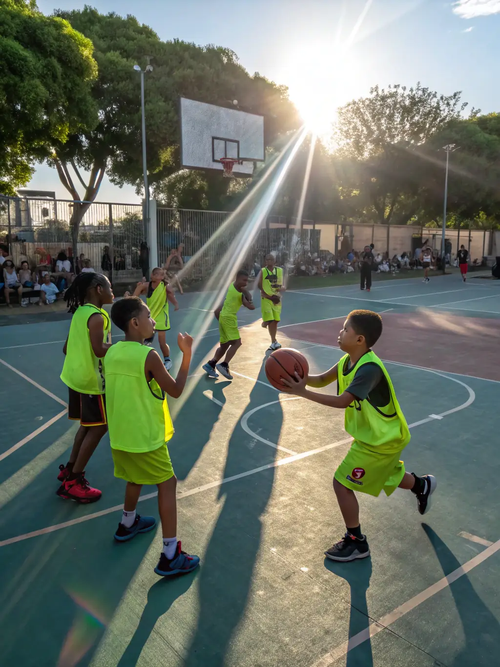 A vibrant image of students participating in a basketball game, showcasing teamwork and sportsmanship at JEAN RENOIR COLLEGE SPORTS ASSOCIATION.