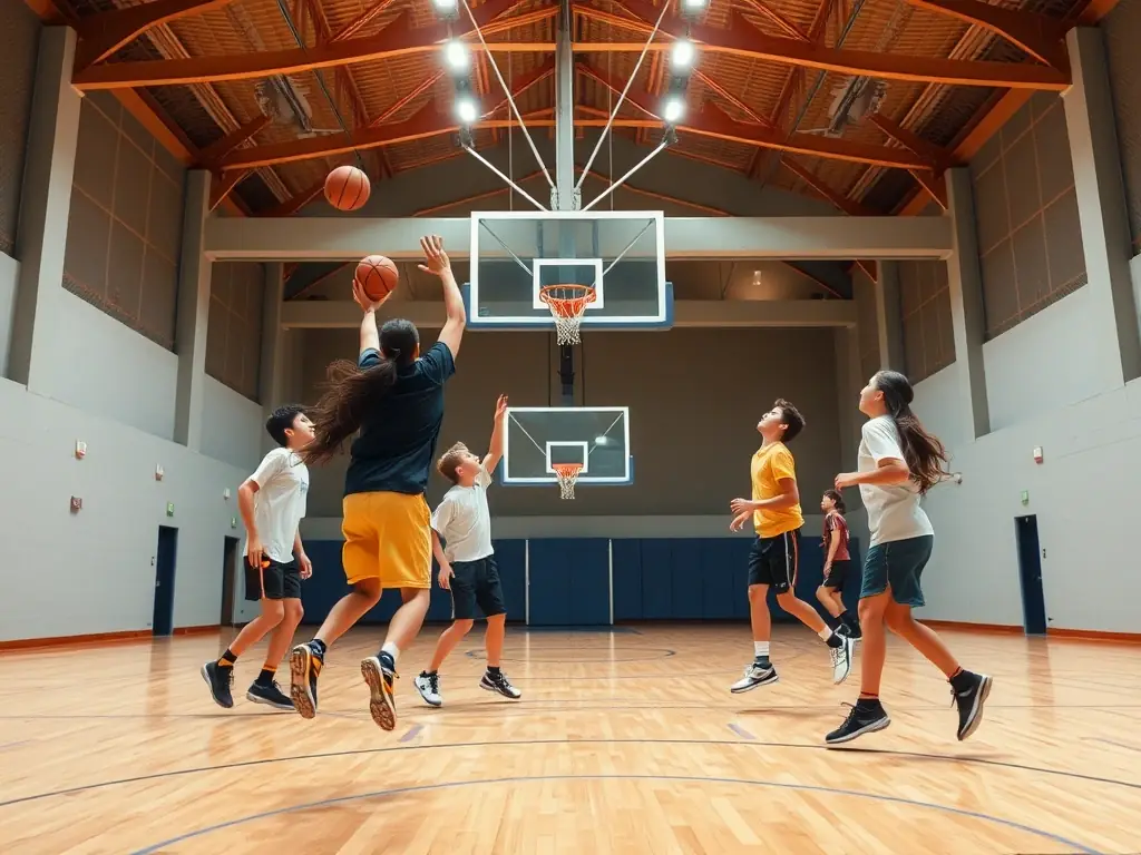 A dynamic image of students playing basketball in a gymnasium, highlighting the energy and excitement of the sport.
