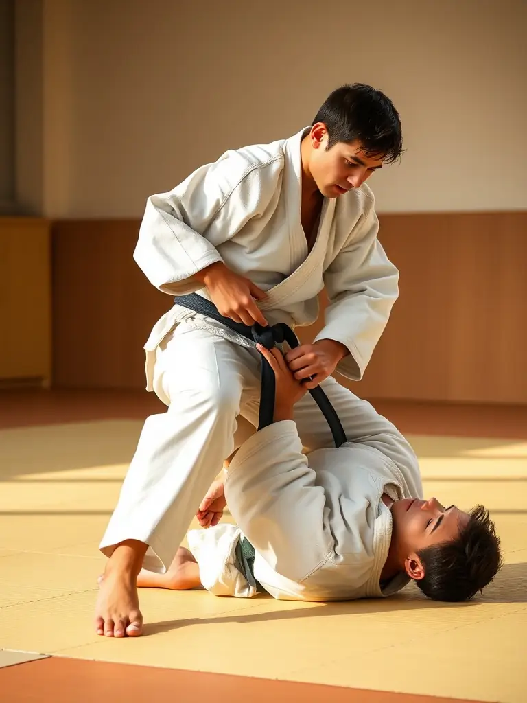 A dynamic image of students practicing judo, demonstrating discipline and focus at JEAN RENOIR COLLEGE SPORTS ASSOCIATION.